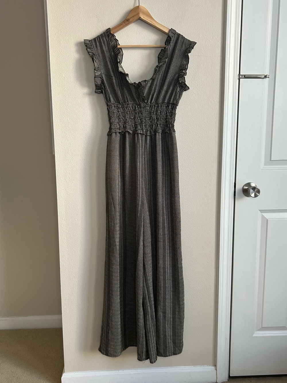 Blue Rain Olive Green Smocked Waist Ruffle Sleeve V Neck Wide Leg Jumpsuit